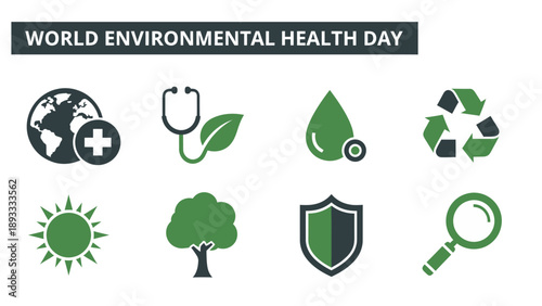 Graphic icons for World Environmental Health Day in dark and light green