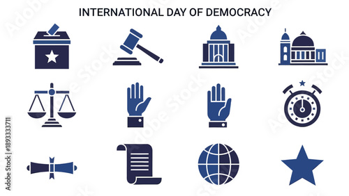Twelve dark blue icons related to democracy arranged in three rows of four under a title
