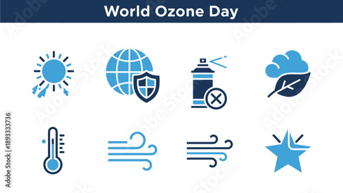 World Ozone Day graphic with eight blue and dark blue icons on a white background