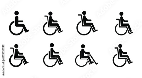 A collection of black silhouette icons depicting individuals using wheelchairs in various perspectives and poses high quality professional