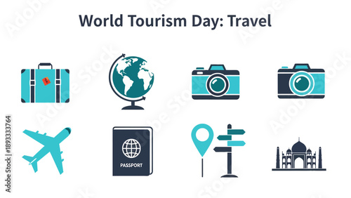 World Tourism Day graphic with travel icons suitcase globe cameras airplane passport map sign and Taj Mahal silhouette