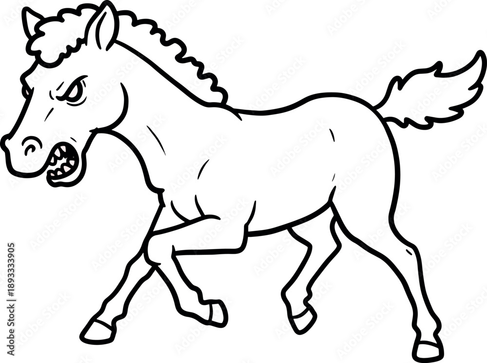 Fototapeta premium Black and White Line Drawing of a Roaring Horse Illustration