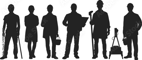 Construction worker silhouettes set with engineer, technician, builder, surveyor, and inspector wearing safety helmets and tools