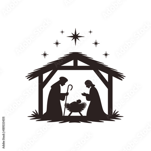 Nativity scene silhouette depicting the holy family in a stable