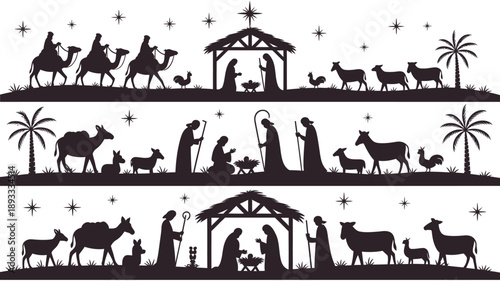 Black silhouette nativity scene depicting the three wise men and shepherds