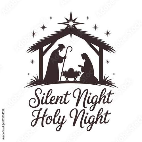 A silhouette of the nativity scene with mary joseph and baby jesus