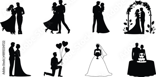 Romantic wedding couple silhouettes, dancing proposal ceremony scenes, bride groom love story, black vector illustration set, isolated white background collection