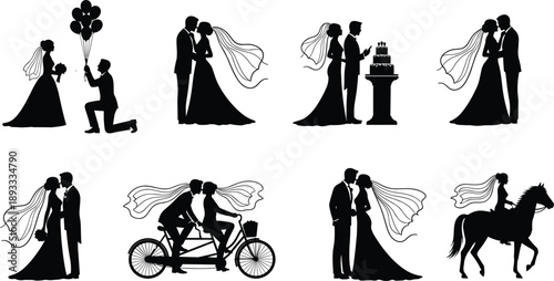 Romantic wedding couple silhouettes, love story scenes, proposal celebration, bride and groom moments, black vector illustration set, isolated white background