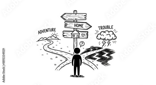 Person standing at a crossroads with multiple paths representing choices.