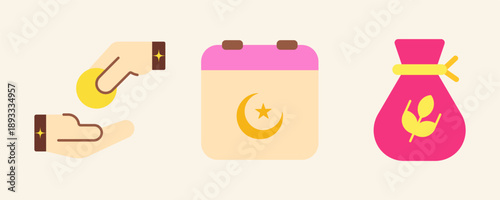 Zakat donation flat icon set, Ramadan Islamic charity vector illustration