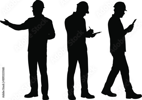 Construction worker silhouettes using clipboard and mobile phone, foreman gesture poses illustration set, industrial labor management concept isolated