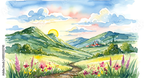 Impressionist Watercolor Mountain Valley Landscape - Vibrant Rolling Hills Countryside with Dramatic Cloudy Sky Scenery