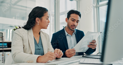 Tableau sur toile Paperwork, meeting and business people in office for finance report, budget review and planning