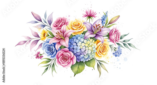 Beautiful Watercolor Floral Bouquet with Roses and Mixed Garden Flowers - Romantic Spring Blossom Arrangement Art