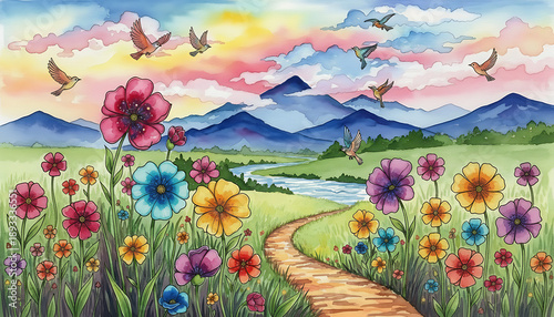Colorful Watercolor Meadow Landscape with Wildflowers and Rolling Hills - Dreamy Spring Summer Nature Scene with Birds