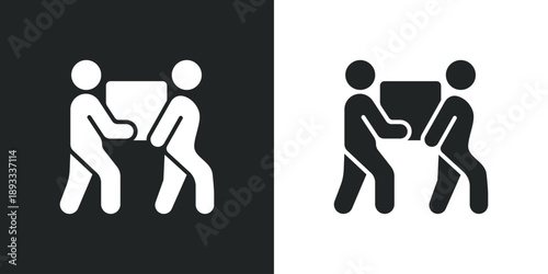 Two people carrying a heavy cardboard box together for moving delivery and logistics service. Solid vector symbol illustration