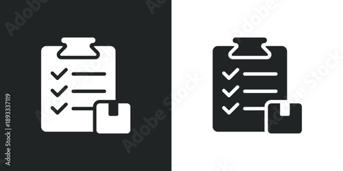 Logistics delivery checklist icon with box for inventory management and shipping status tracking. Solid vector symbol illustration