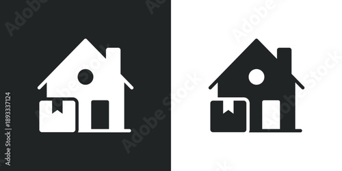 Home delivery service icon showing house with cardboard package box for shipping and logistics. Solid vector symbol illustration
