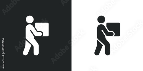 Person carrying cardboard box delivery man icon for shipping logistics and moving service. Solid vector symbol illustration