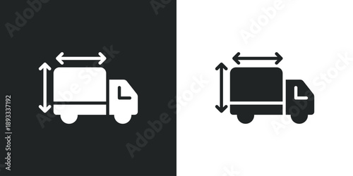 Delivery truck icon with dimension arrows showing height and width for logistics shipping cargo. Solid vector symbol illustration