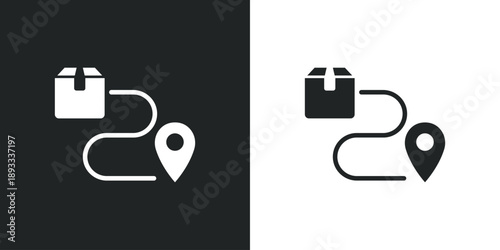 Package delivery tracking icon showing box path and location pin for logistics shipping service. Solid vector symbol illustration