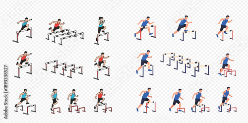Isometric set of athletes overcoming hurdles in various running poses and actions.