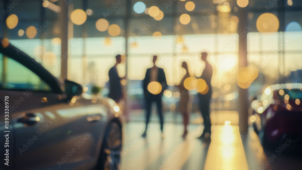 Fototapeta premium Abstract showroom background with new cars and a bright bokeh effect from lamps