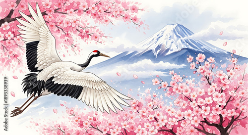 Mount Fuji with Cherry Blossoms and Traditional Japanese Fan - Spring Sakura Season Landscape Watercolor Art Style