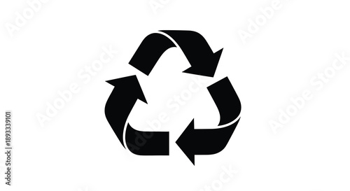 A stark black recycling symbol composed of three chasing arrows on a plain white background high quality professional
