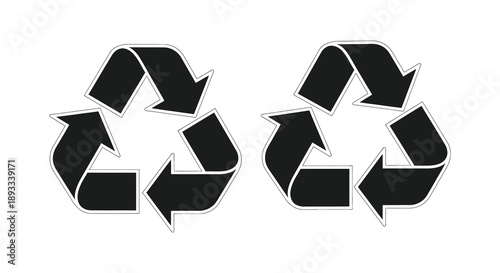 A stark black and white image depicts two universally recognized recycling symbols suggesting environmental responsibility and reuse