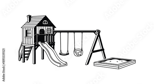 A black and white illustration depicts a wooden playset with a tower slide swings and sandbox high quality