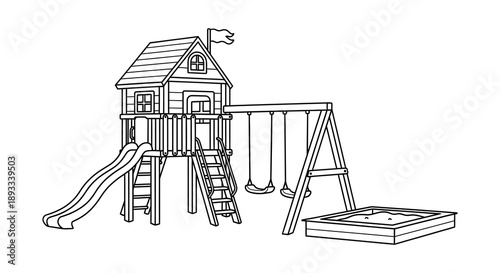 A black and white line drawing depicts a wooden playset featuring a house slide swings and sandbox