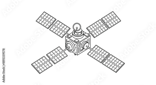 A detailed line drawing depicts a satellite with prominent solar panels extended showcasing its technological structure high quality