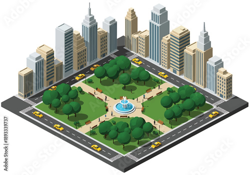 Isometric 3D view illustration of a New York-inspired urban park landscape with grid streets, green spaces, walking paths, and surrounding city blocks in clean vector style