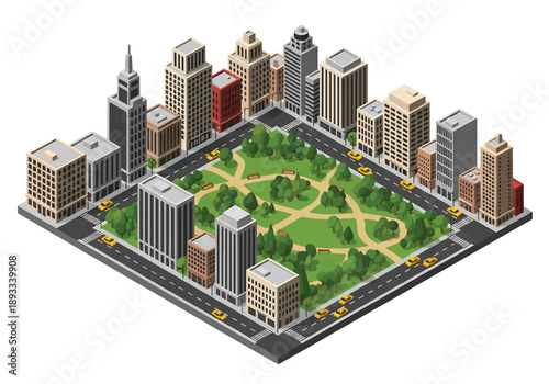 Isometric 3D view illustration of a New York-inspired urban park landscape with grid streets, green spaces, walking paths, and surrounding city blocks in clean vector style