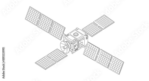 A detailed line drawing depicts a satellite with four expansive solar panels extending from its central body
