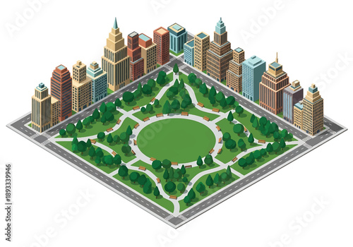 Isometric 3D view illustration of a New York-inspired urban park landscape with grid streets, green spaces, walking paths, and surrounding city blocks in clean vector style