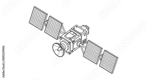 A detailed line drawing depicts a satellite in space showcasing its solar panels and structural components high quality