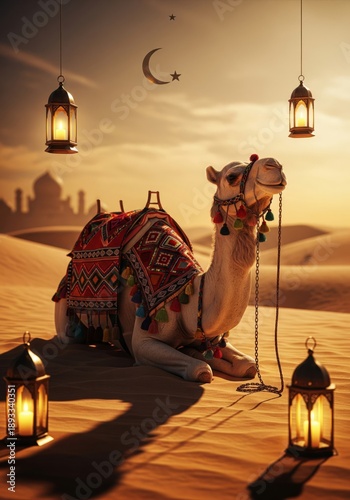 Camel Resting in Golden Desert With Lanterns and Mosque