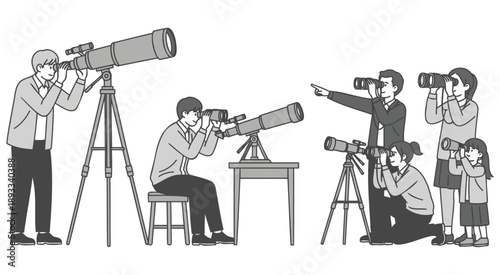 Group of astronomers observing night sky with vintage telescopes outdoor stargazing