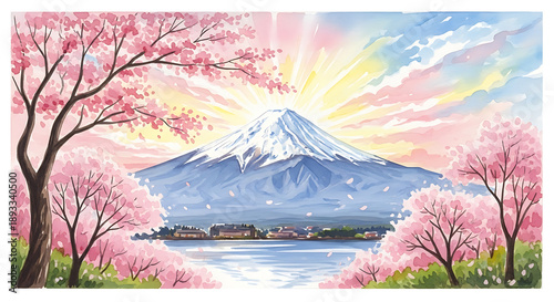 Snow covered mountain with cherry blossom trees and sunrise sky representing seasonal contrast and natural harmony
