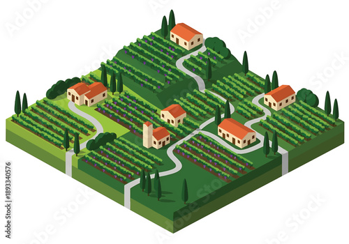 Isometric 3D view illustration of a Tuscany-inspired countryside landscape with vineyards, rolling hills, farmhouses, cypress trees, and scenic rural roads in vector style