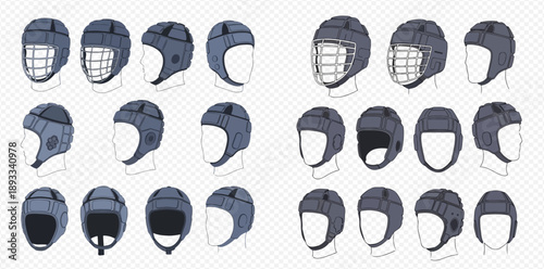 Collection of various sports helmets and protective headgear designs for athletic activities.