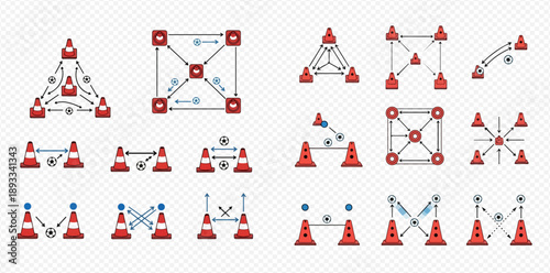 Set of traffic cones with various training drill patterns for sports and driving lessons.