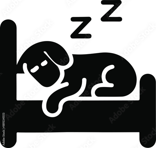 Sleeping Dog Bed Icon Illustration, Minimal black illustration of a sleeping dog on a bed with sleep symbols, representing comfort, rest, calm home life, and pet care.

