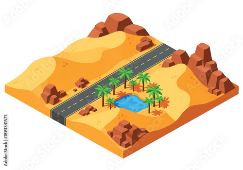 Isometric 3D view illustration of a Sahara-inspired desert landscape with sand dunes, rocky hills, oasis palms, and long roads crossing arid terrain