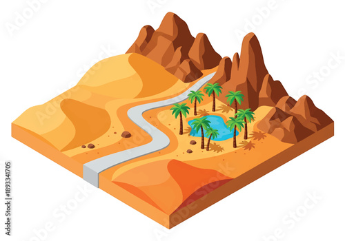 Isometric 3D view illustration of a Sahara-inspired desert landscape with sand dunes, rocky hills, oasis palms, and long roads crossing arid terrain