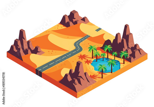 Isometric 3D view illustration of a Sahara-inspired desert landscape with sand dunes, rocky hills, oasis palms, and long roads crossing arid terrain