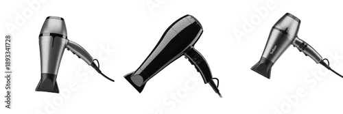 Modern Black Hair Dryer Set Isolated on White Background for Beauty and Professional Styling