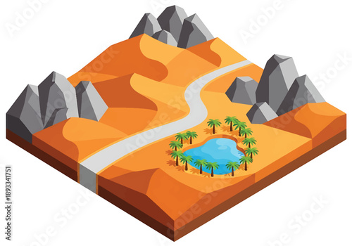 Isometric 3D view illustration of a Sahara-inspired desert landscape with sand dunes, rocky hills, oasis palms, and long roads crossing arid terrain